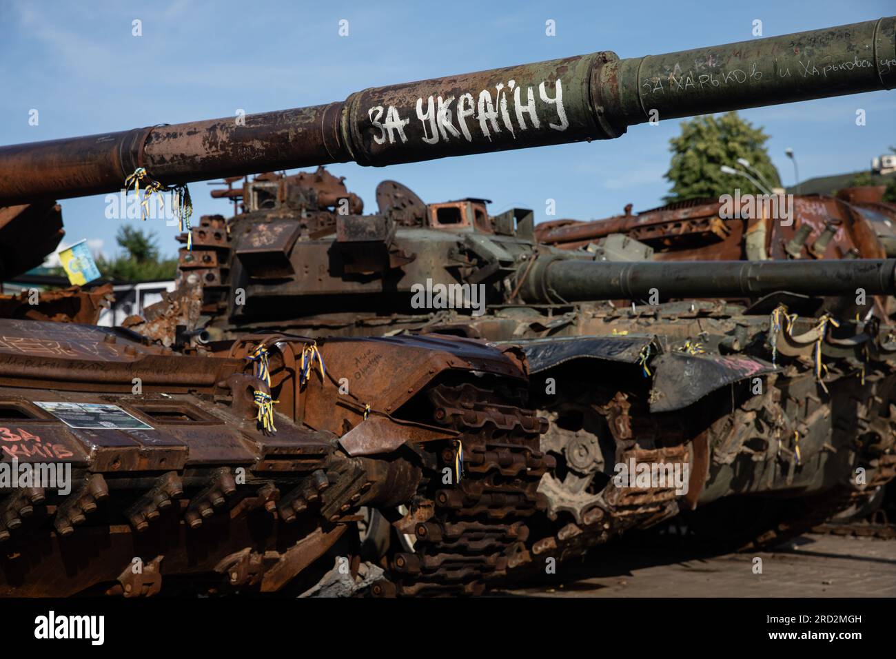 Kyiv, Ukraine. 15th July, 2023. 'For Ukraine' word seen written on the barrel of a destroyed Russian tank on display for public at the exhibition of destroyed Russian military vehicles in Kyiv. Credit: SOPA Images Limited/Alamy Live News Stock Photo