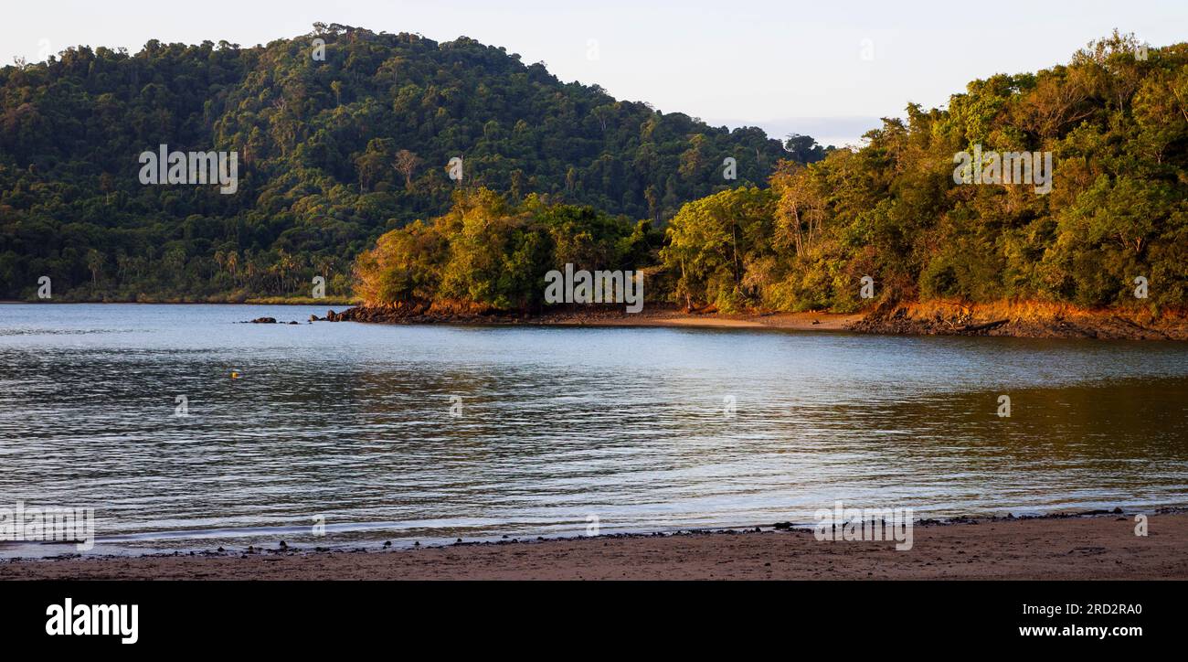 Early morning sunlight at the northeast part of Coiba Island, Pacific coast, Veraguas province, Republic of Panama, Central America. Stock Photo