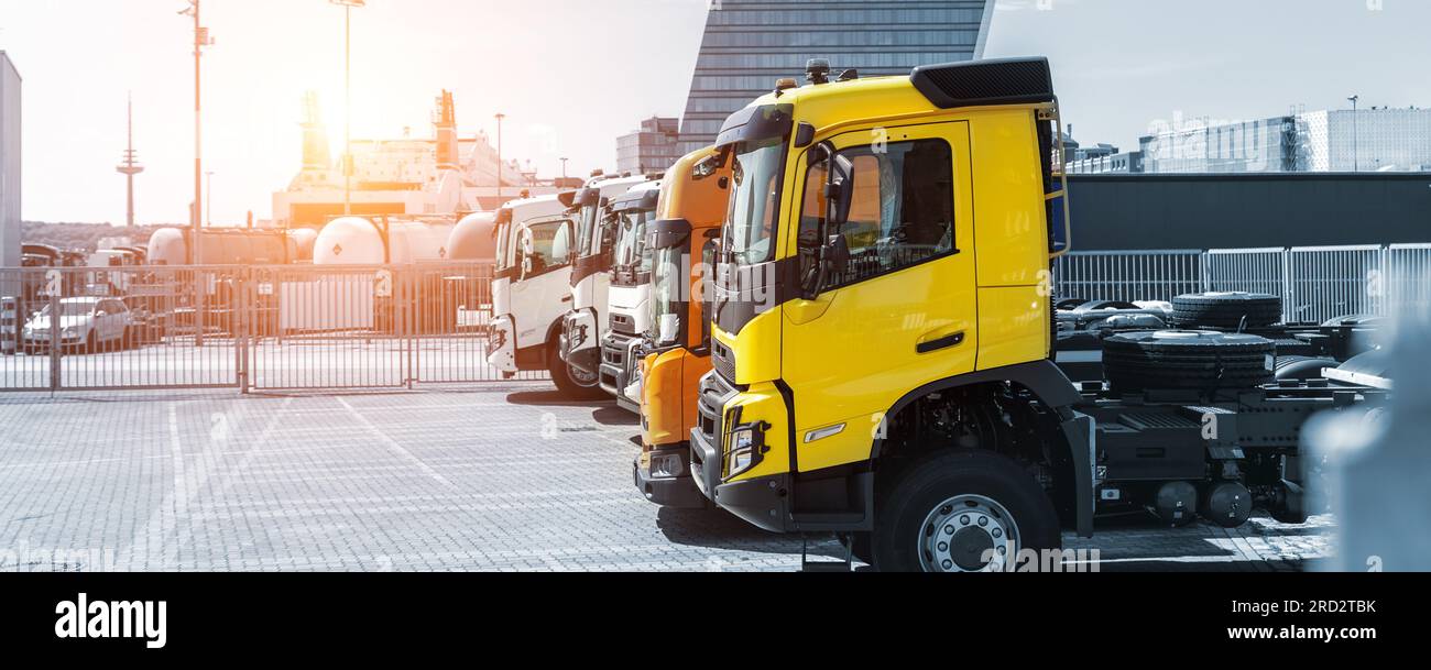 Side view many new heavy commercial cargo transport vehicles stand at