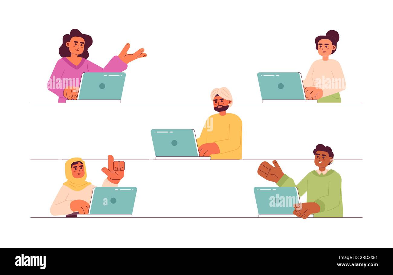 Multicultural people working on laptop semi flat color vector characters Stock Vector