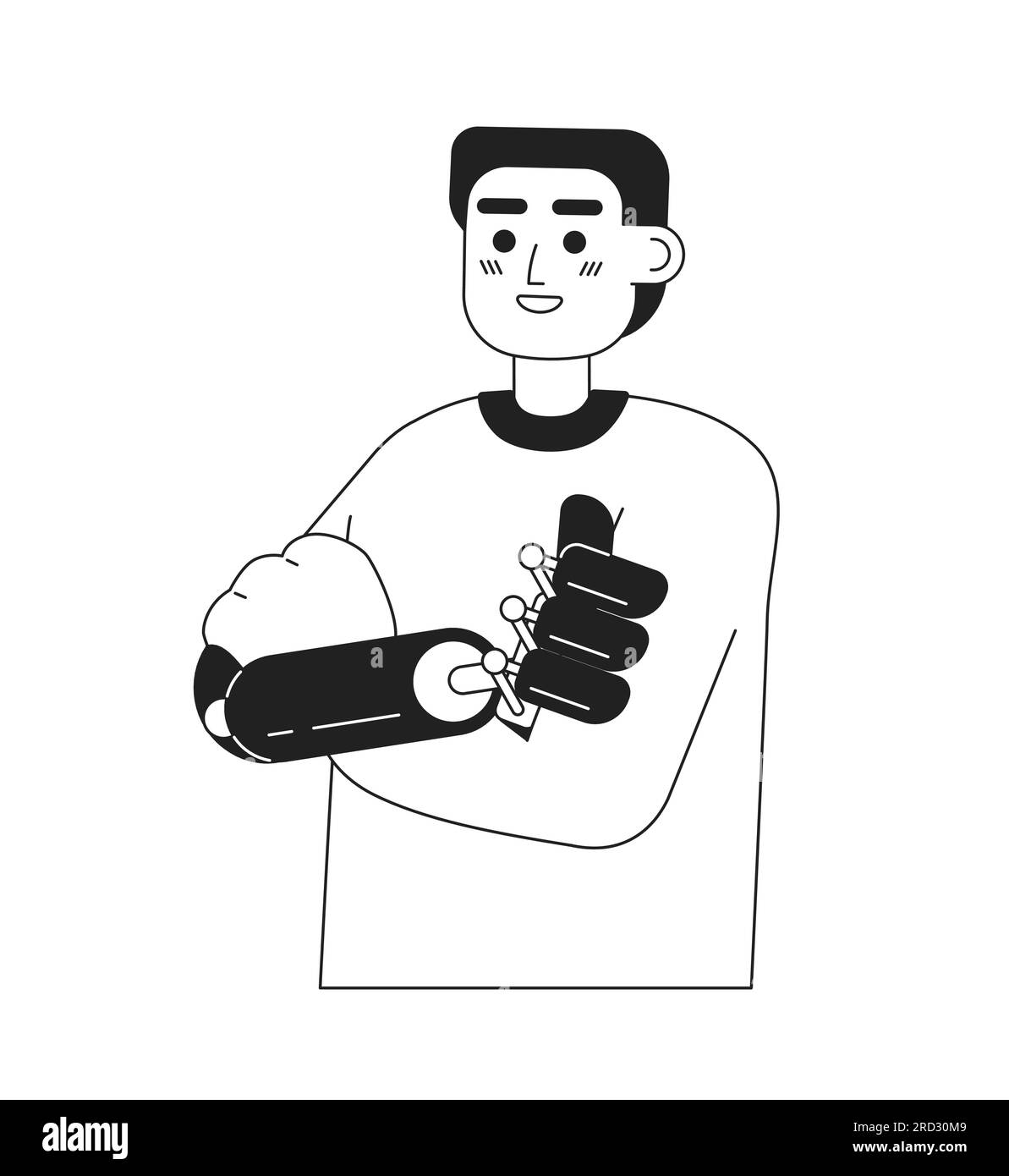 Cheerful man with artificial limb prosthesis monochromatic flat vector character Stock Vector