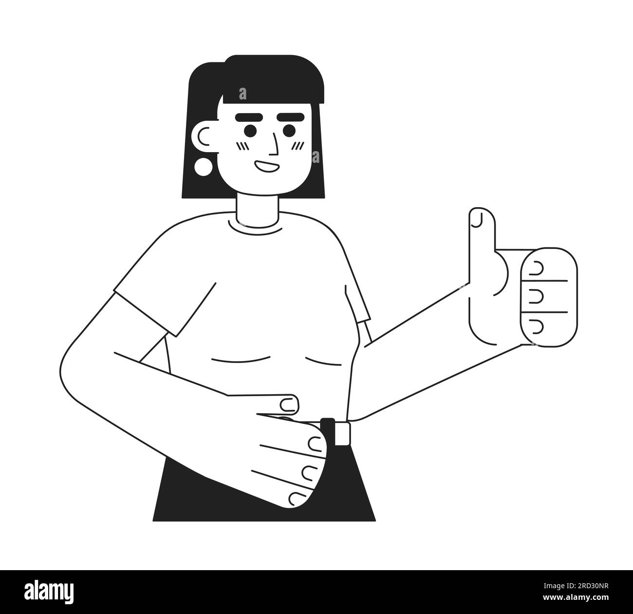 Cheerful Woman Show Thumb Up Monochromatic Flat Vector Character Stock cheerful-woman-show-thumb-up-monochromatic-flat-vector-character-stock