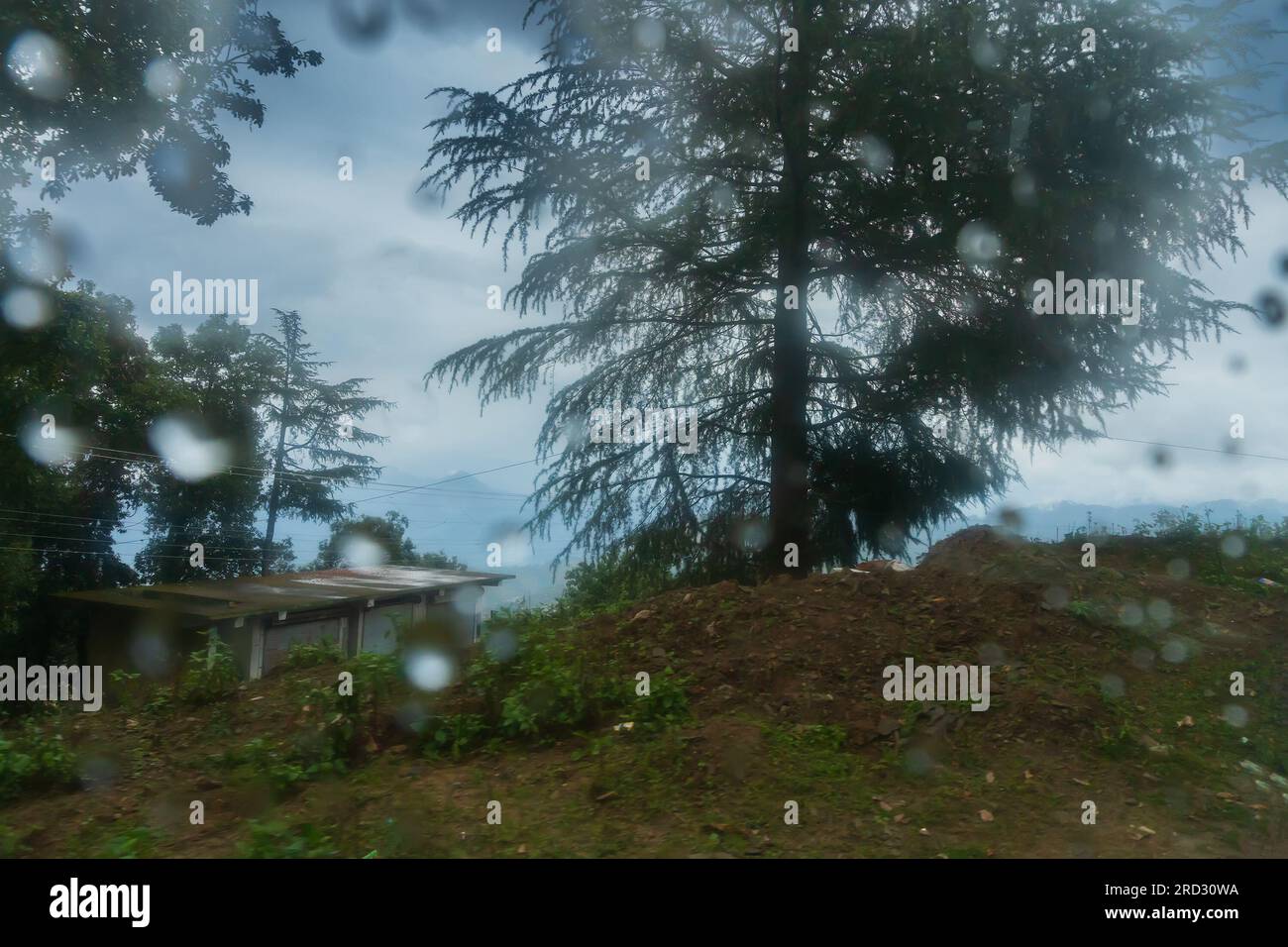 Abstract monsoon landscape of Himalays, Garhwal, Uttarakhand, India. Climate change effect on Himalays bringing landslide, untimely rain etc. Stock Photo
