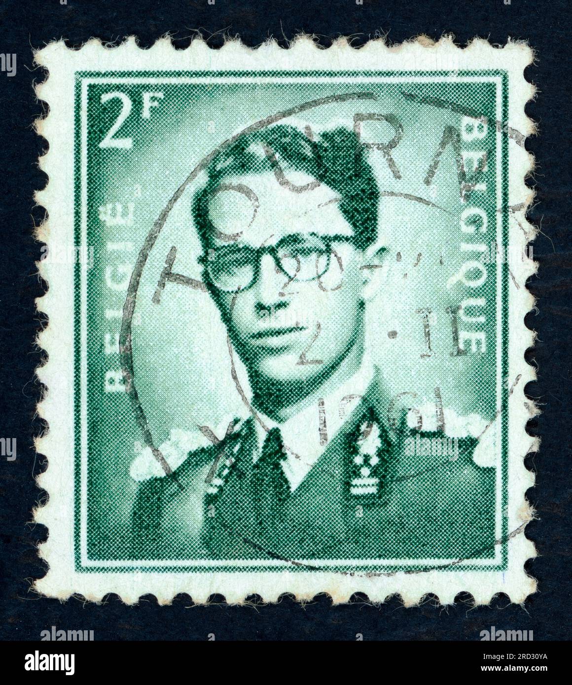 Baudouin (1930 – 1993), the King of the Belgians from 1951 until his death in 1993. Stamp issued in Belgium in 1950s or 1960s. Stock Photo