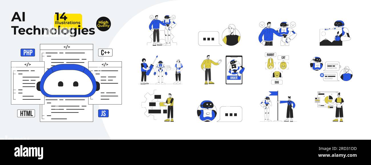 Robot and people interaction flat line concept vector spot illustrations bundle Stock Vector