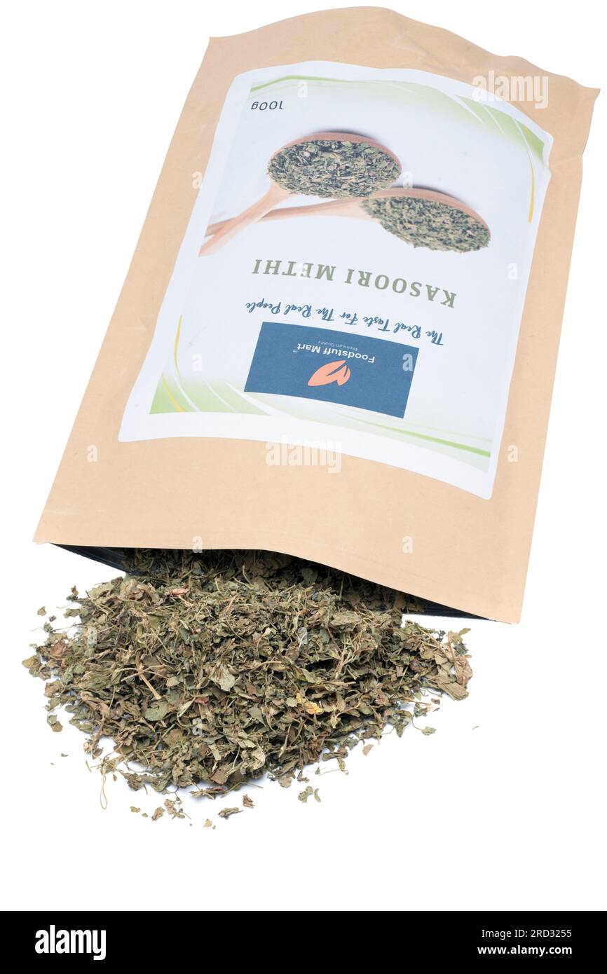 100 gram Packet of Kasoori Methi Dried Fenugreek Leaves of Indian Origin from Foodstuff Mart Premium Quality Store Stock Photo