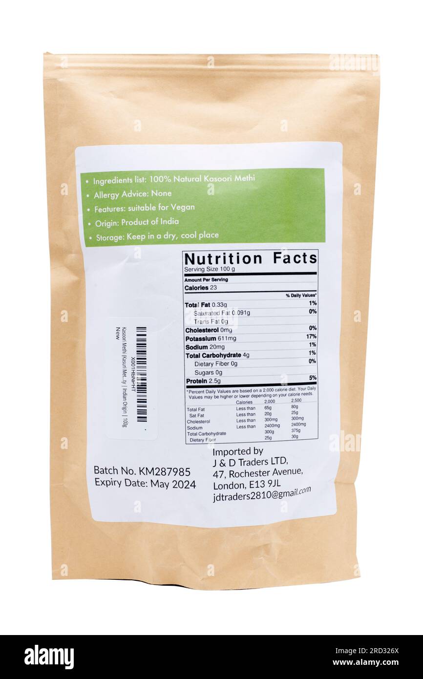 100 gram Packet of Kasoori Methi Dried Fenugreek Leaves of Indian Origin from Foodstuff Mart Premium Quality Store Information on back of Packet Stock Photo