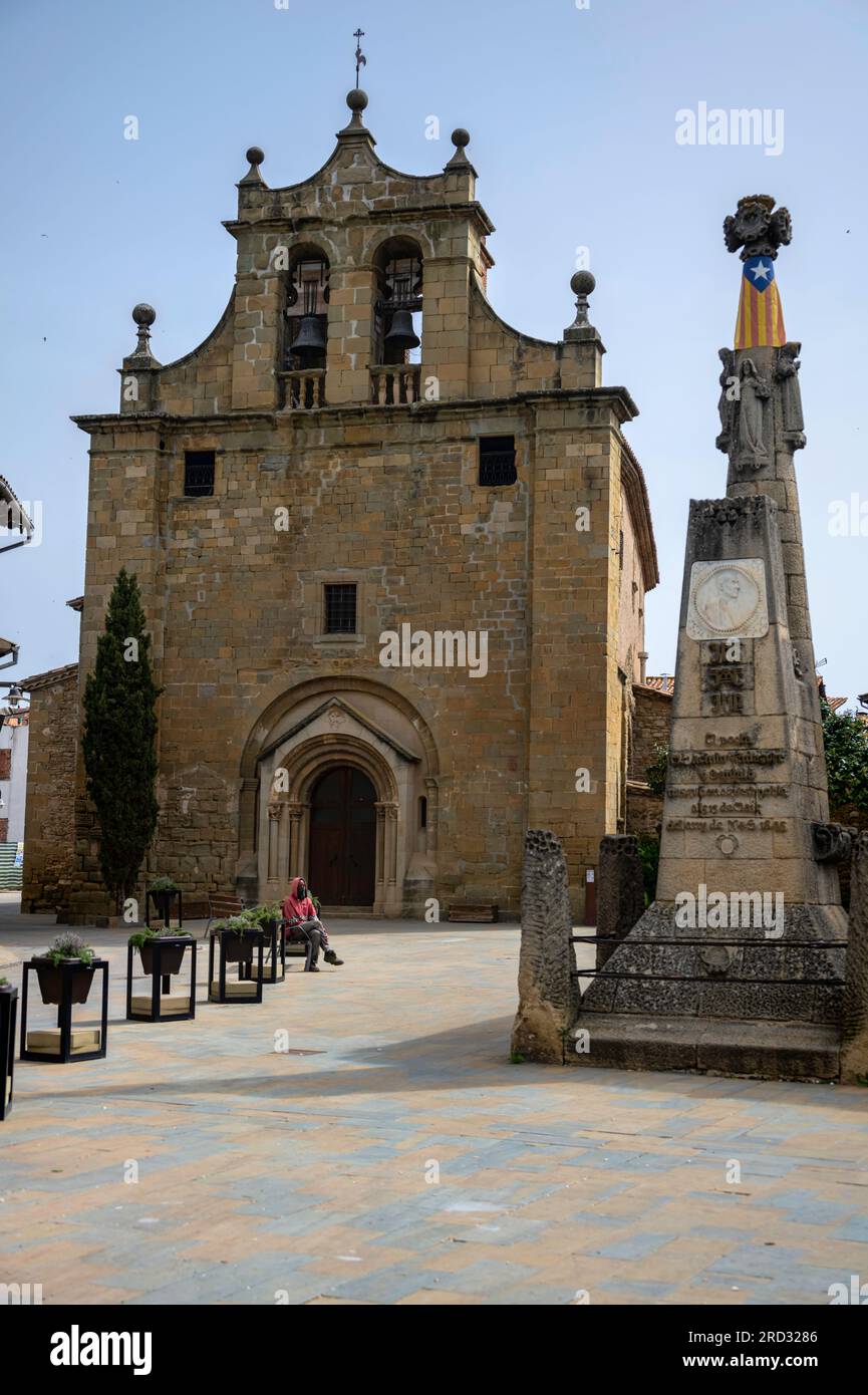 Monument to poet Jacint Verdaguer, Main square and church, Folgueroles, Osona, Barcelona, Spain Stock Photo