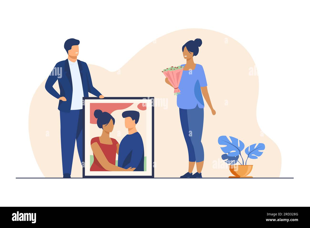 Happy man giving portrait of couple to his girlfriend Stock Vector