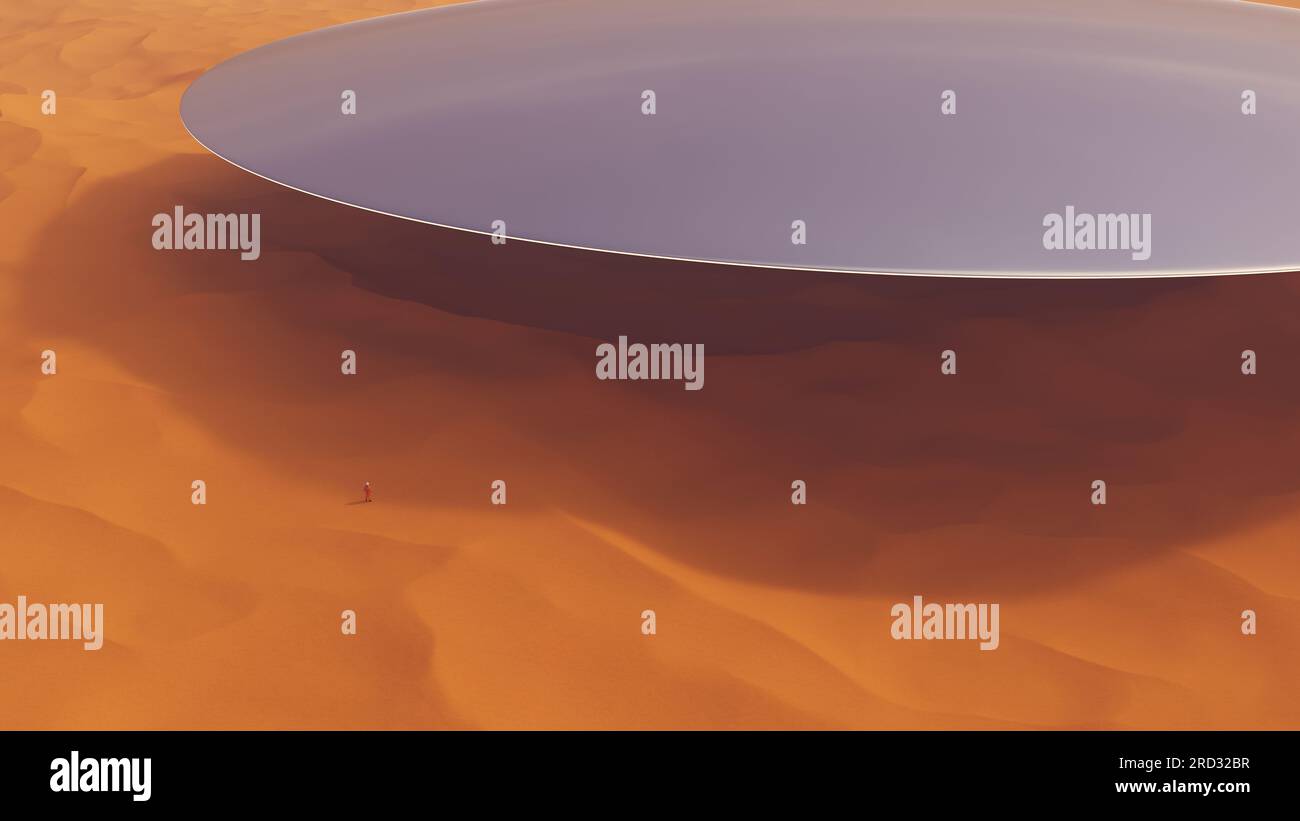 Silver ufo unidentified flying object desert sand dune landscape orange arrival aliens astronaut 3d illustration render digital rendering Stock Photo