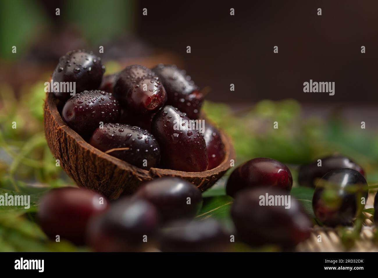 Close-Up of collection of Indian Ayurvedic medicinal fresh organic fruit jamun (Syzygium Cumini) ( jamun seeds are kind of Ayurvedic herb for diabetes Stock Photo