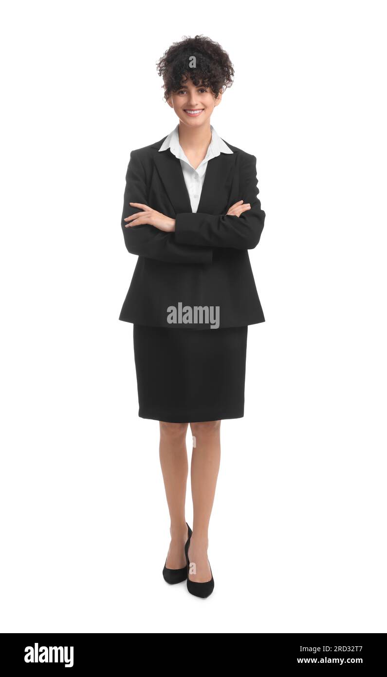 Beautiful young businesswoman in suit on white background Stock Photo ...