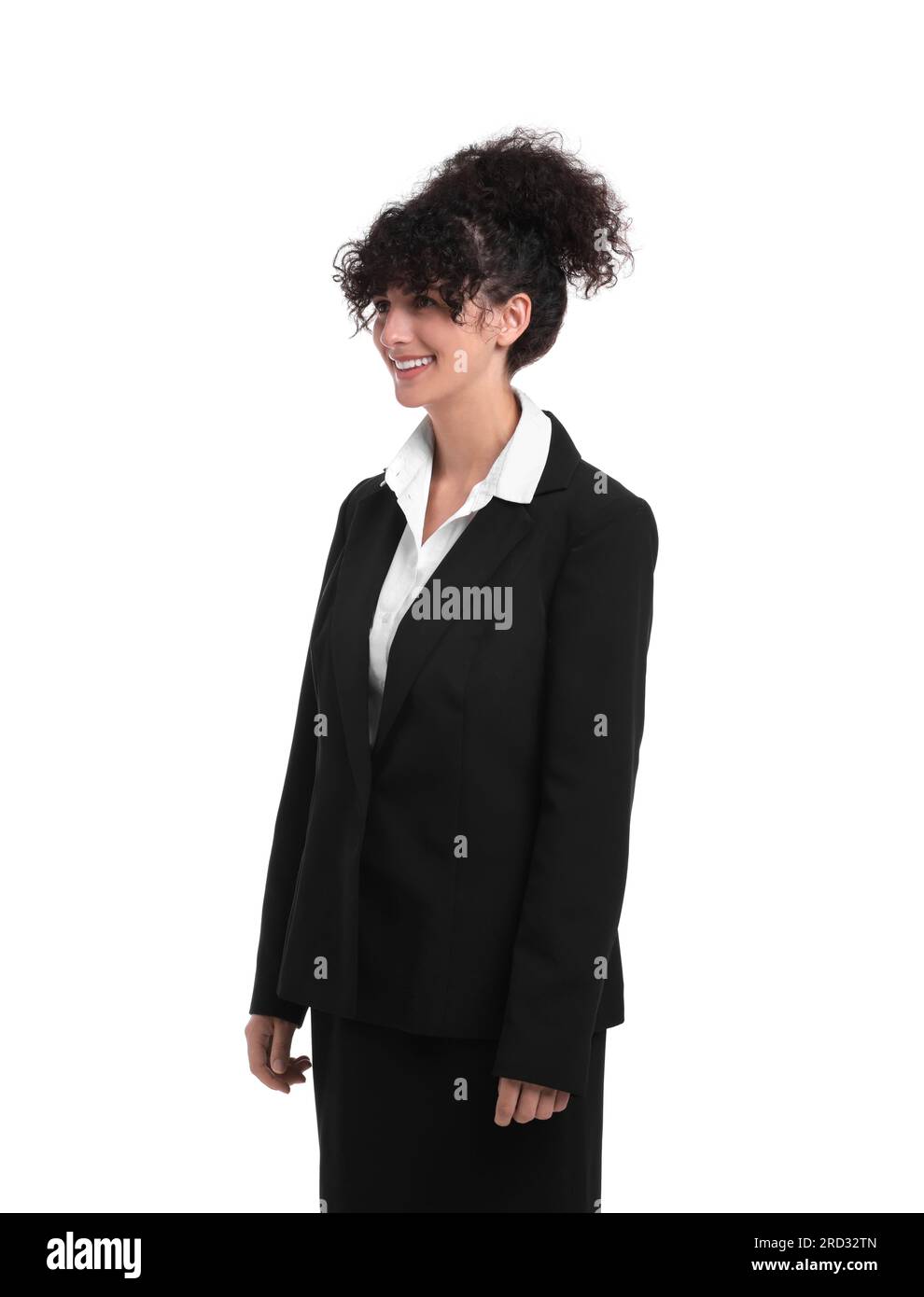 Beautiful businesswoman in suit posing on white background Stock Photo ...