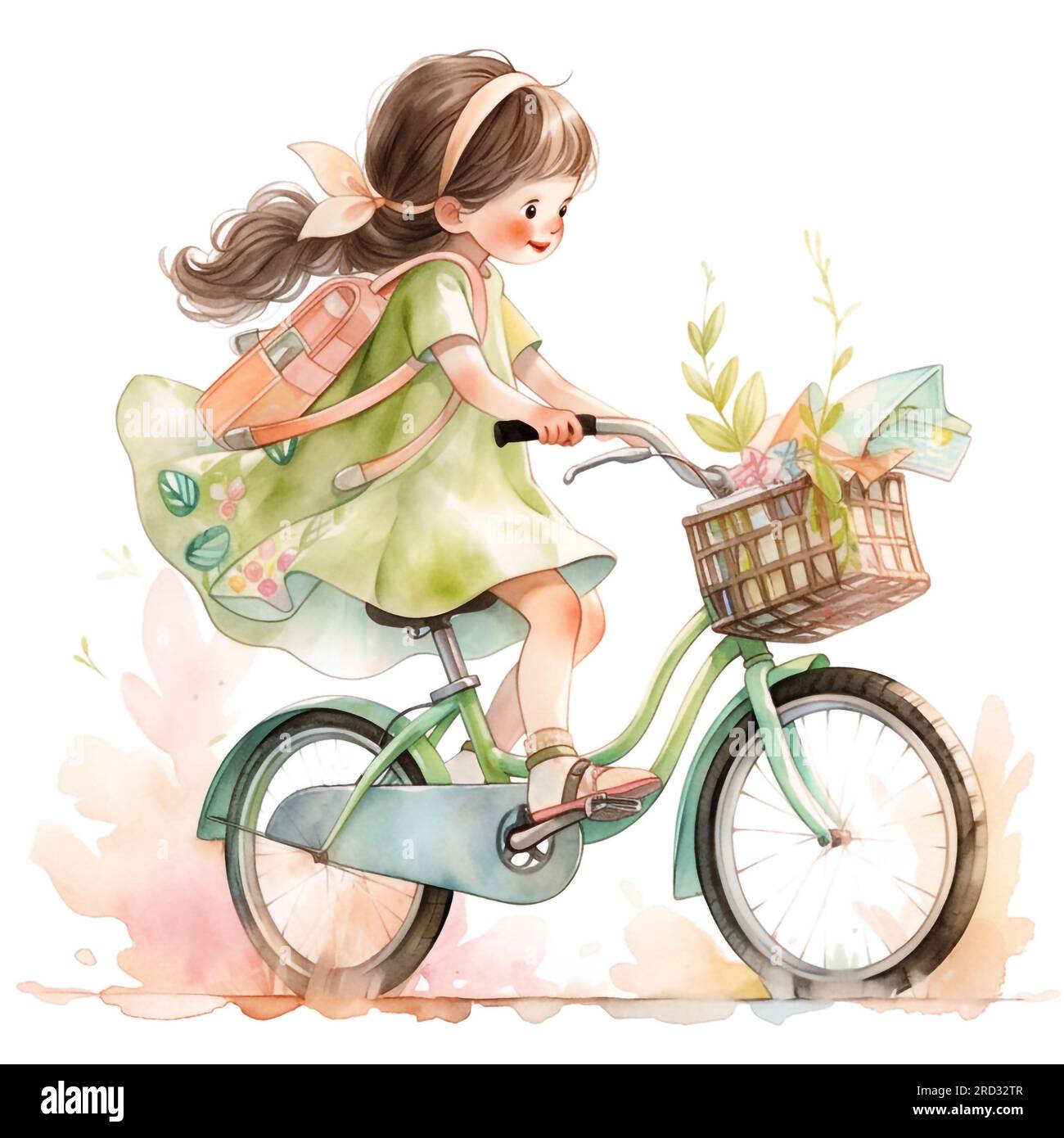 cute little girl with bicycle and flowers watercolor style