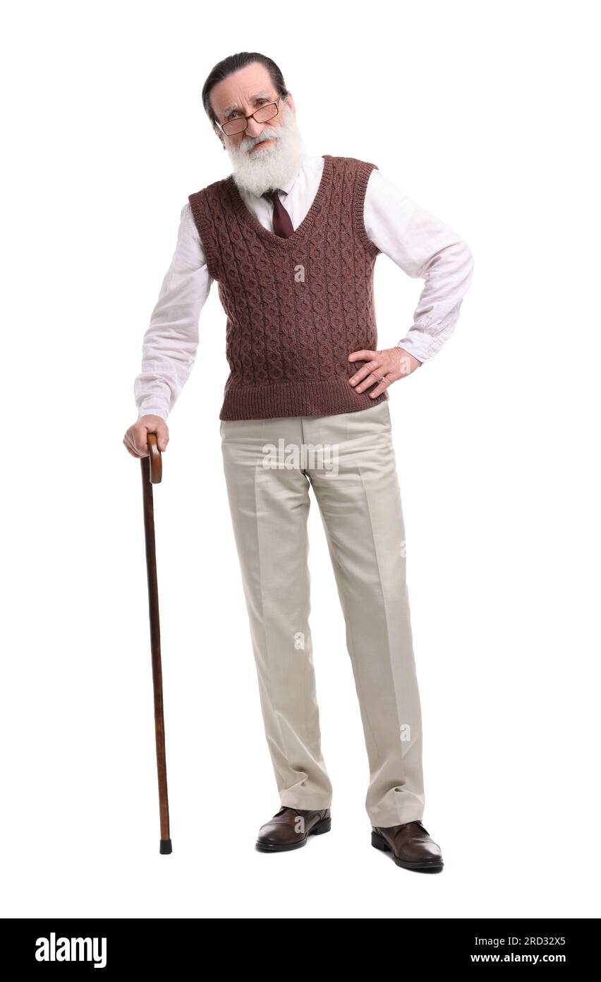 Senior man with walking cane on white background Stock Photo - Alamy