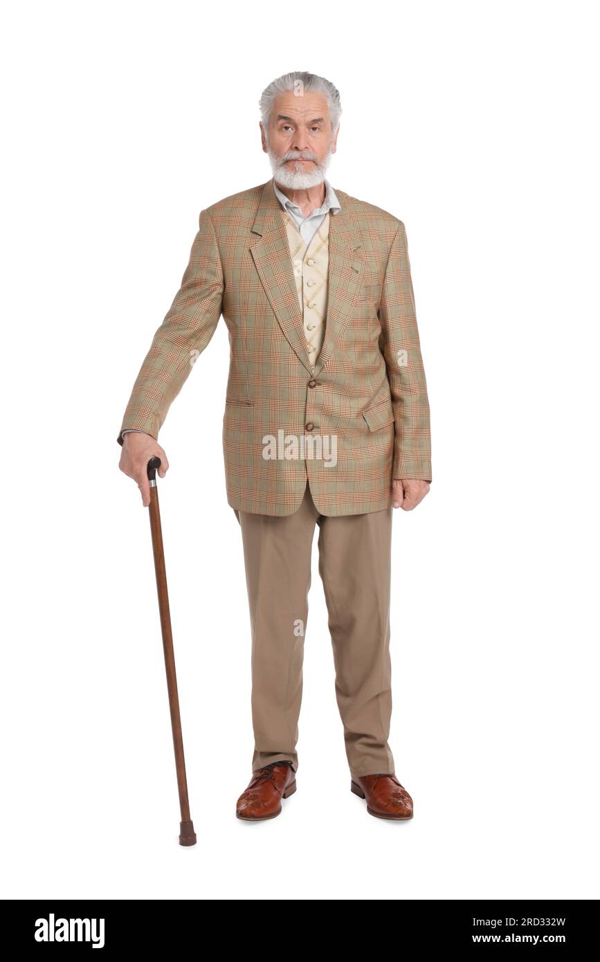 Senior man with walking cane on white background Stock Photo - Alamy