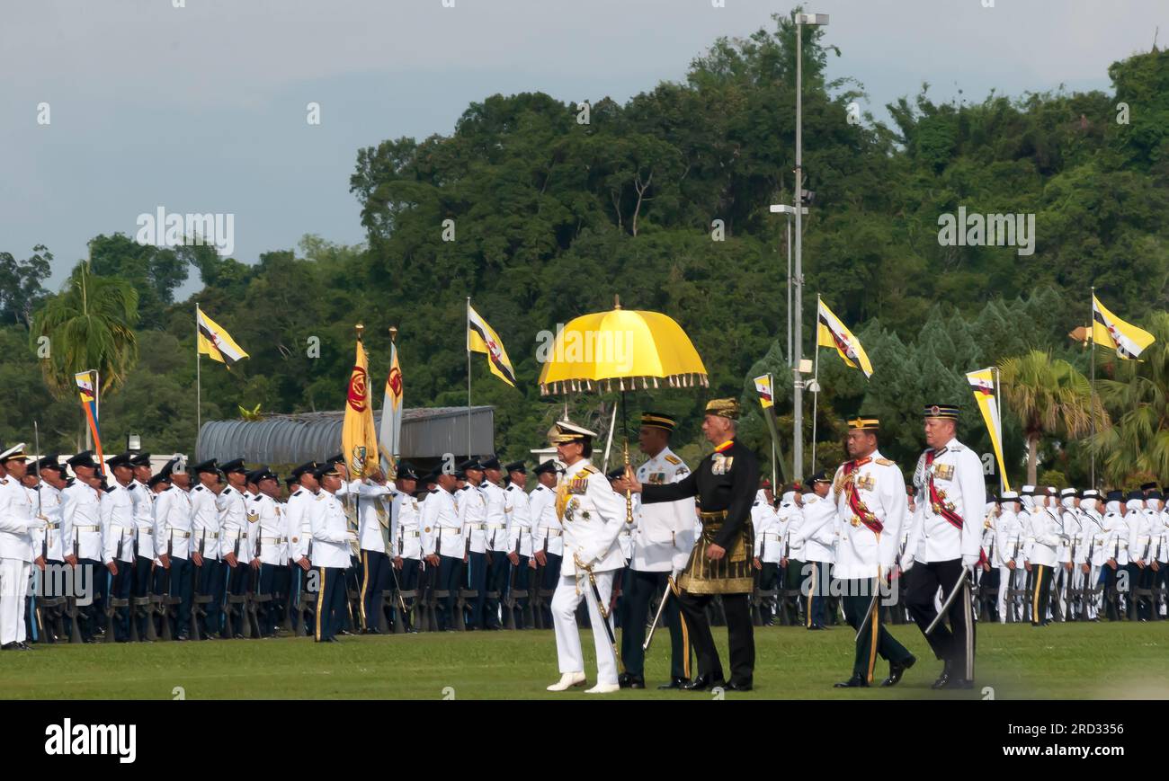 Sultan Hassanal Bolkiah inspects troops on parade to mark his 77th Birthday on 15 July 2023, Bandar Seri Begawan Brunei Stock Photo