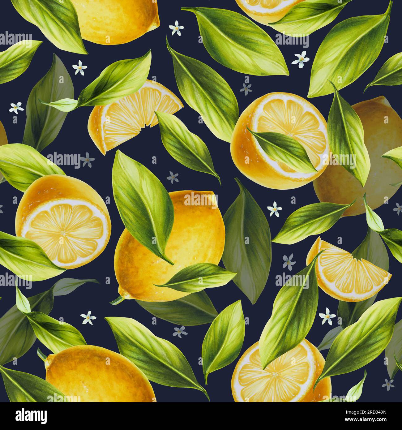 Watercolor seamless pattern with fresh ripe lemon with bright green ...