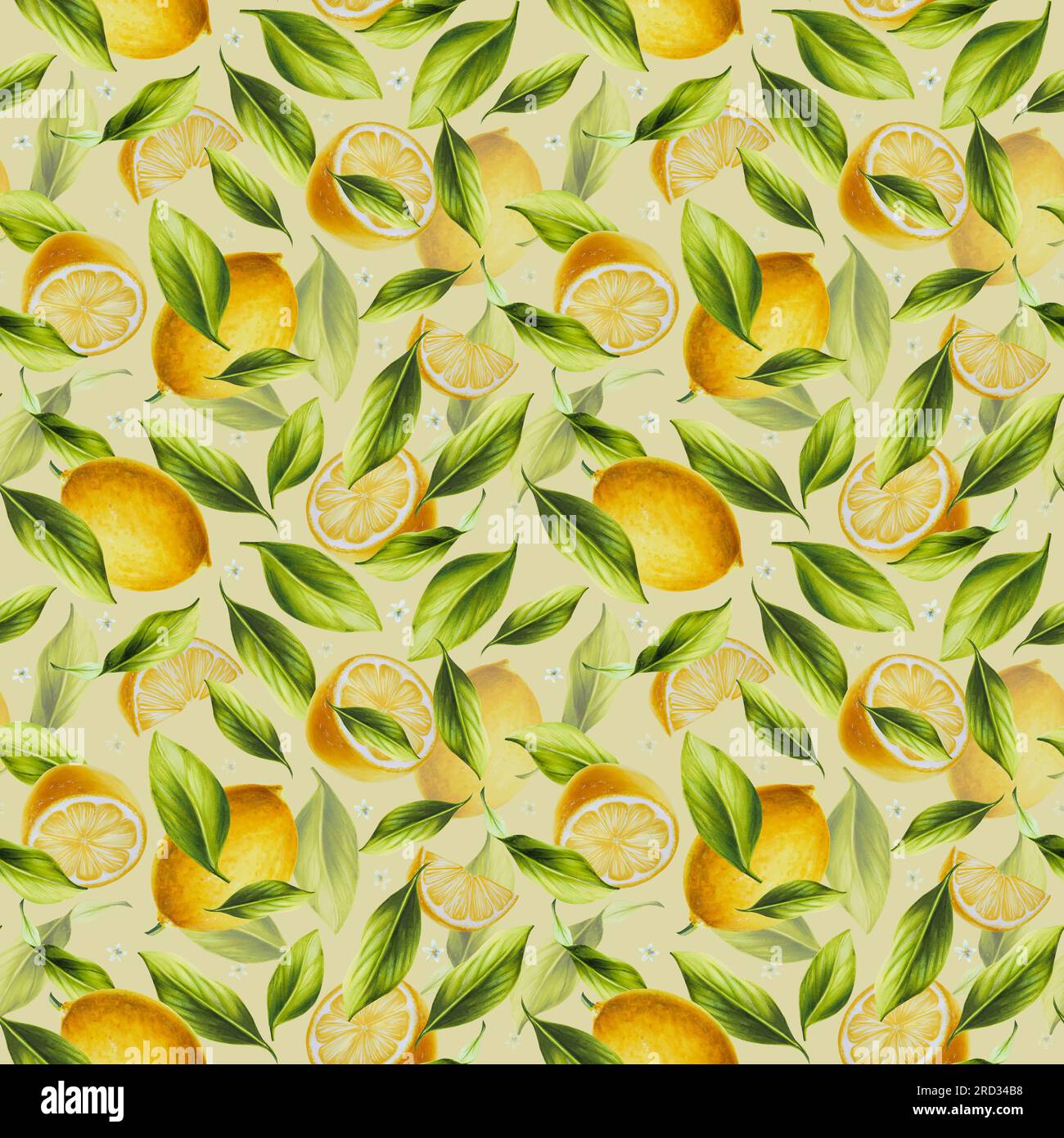 Watercolor seamless pattern with fresh ripe lemon with bright green ...