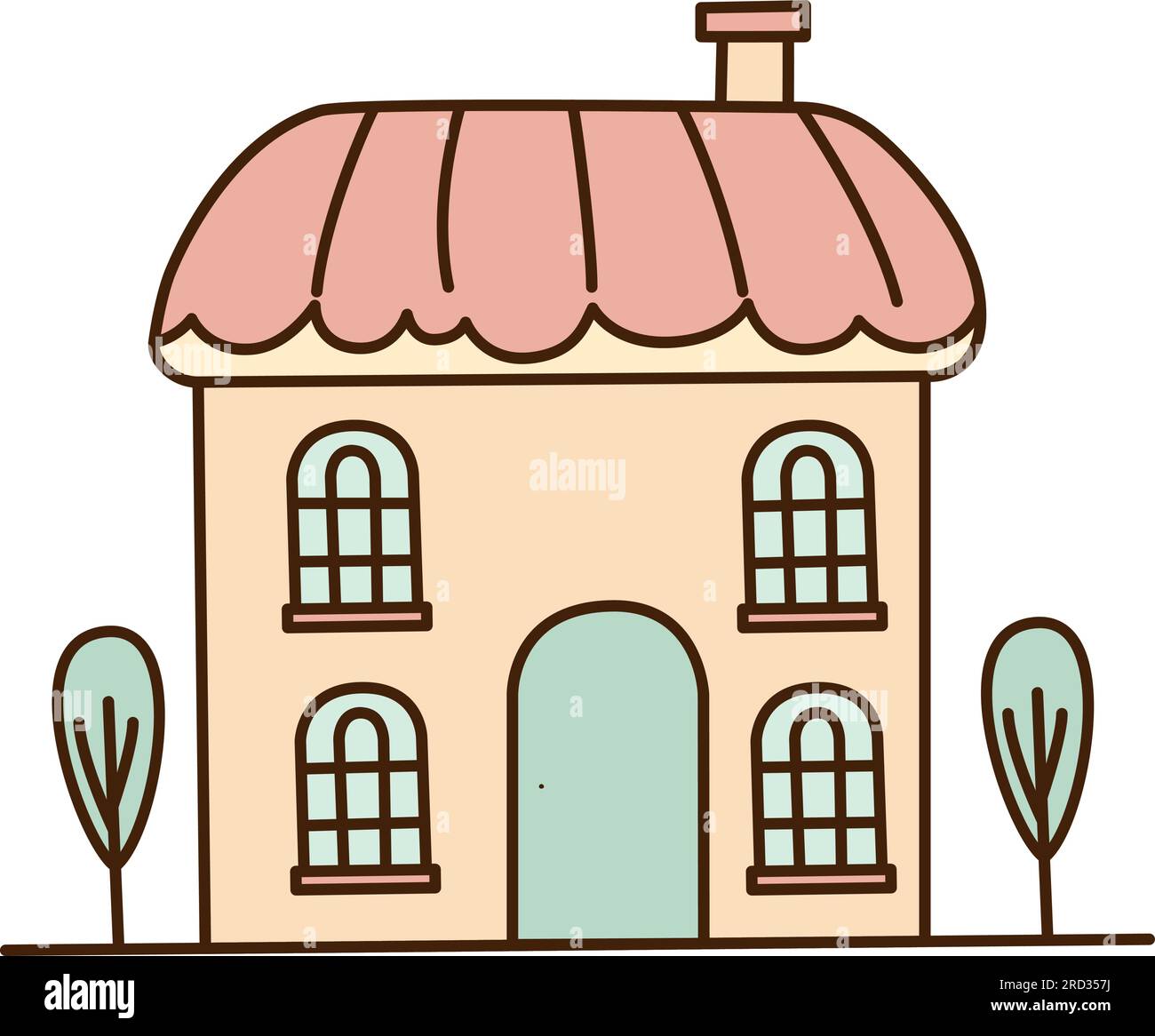 Vector cartoon house with pink roof icon. Vector house with two small