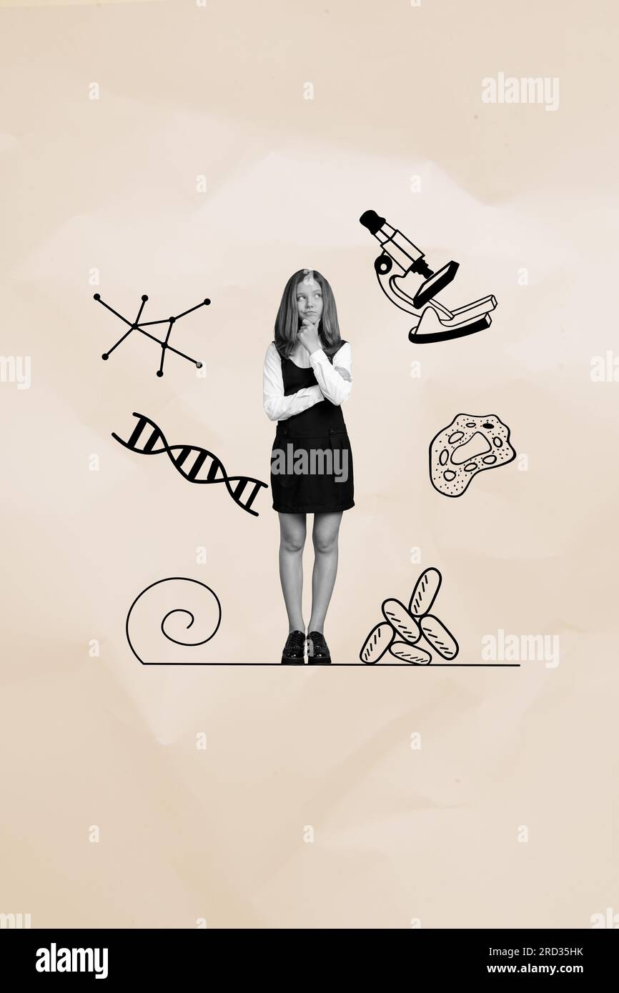 Creative template collage of pensive clever schoolgirl do science biology project on dna cell with drawing microscope Stock Photo