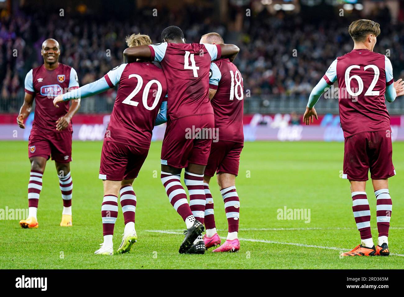 Perth, Australia. 18th July, 2023. Australia, Perth, July 18th 2023: Danny Ings (18 West Ham) celebrates with teammates after scoring his team's first goal during the International Friendly football match between Tottenham Hotspur and West Ham United at Optus Stadium in Perth, Australia. (Daniela Porcelli/SPP) Credit: SPP Sport Press Photo. /Alamy Live News Stock Photo
