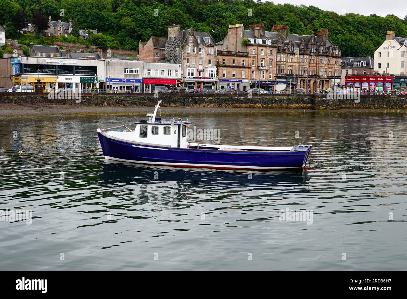 A blue and white fishing boat moored in Oban bay with shops in the