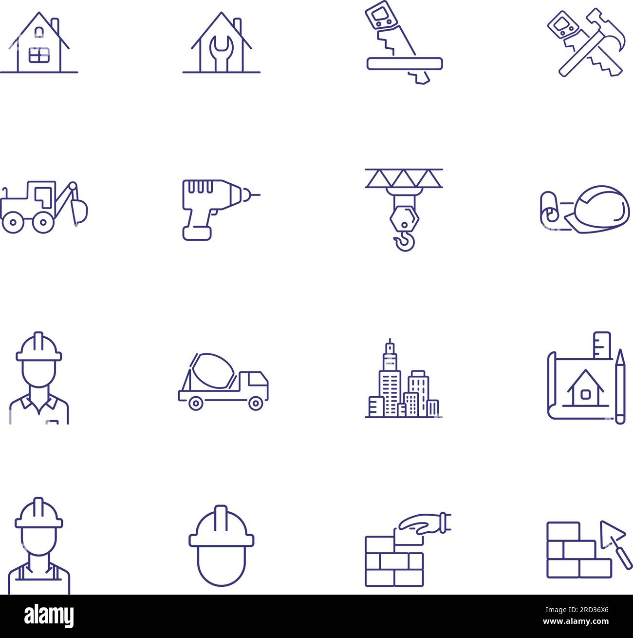 Building works line icon set. Engineer, excavator, drill Stock Vector ...