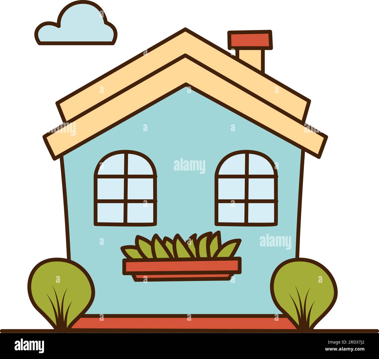 Vector blue house with two windows and Bushes icon. Vector cartoon house with flue icon. Stock Vector