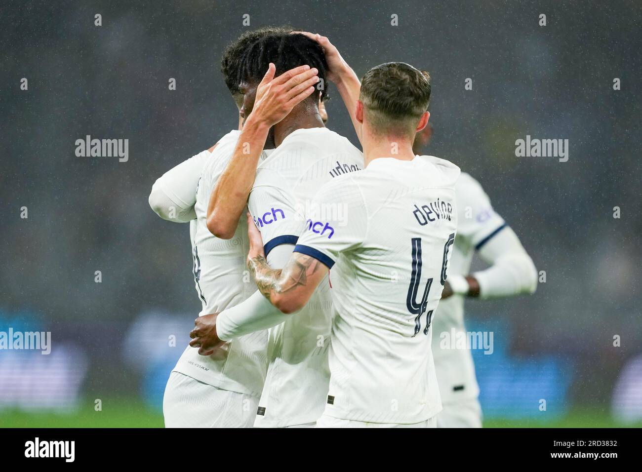 Perth, Australia. 18th July, 2023. Australia, Perth, July 18th 2023: Destiny Udogie (73 Tottenham) celebrates with teammates after scoring his goal during the International Friendly football match between Tottenham Hotspur and West Ham United at Optus Stadium in Perth, Australia. (Daniela Porcelli/SPP) Credit: SPP Sport Press Photo. /Alamy Live News Stock Photo