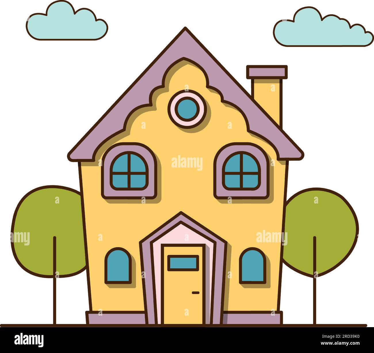 Vector yellow house with pink roof icon. Vector front view of a green