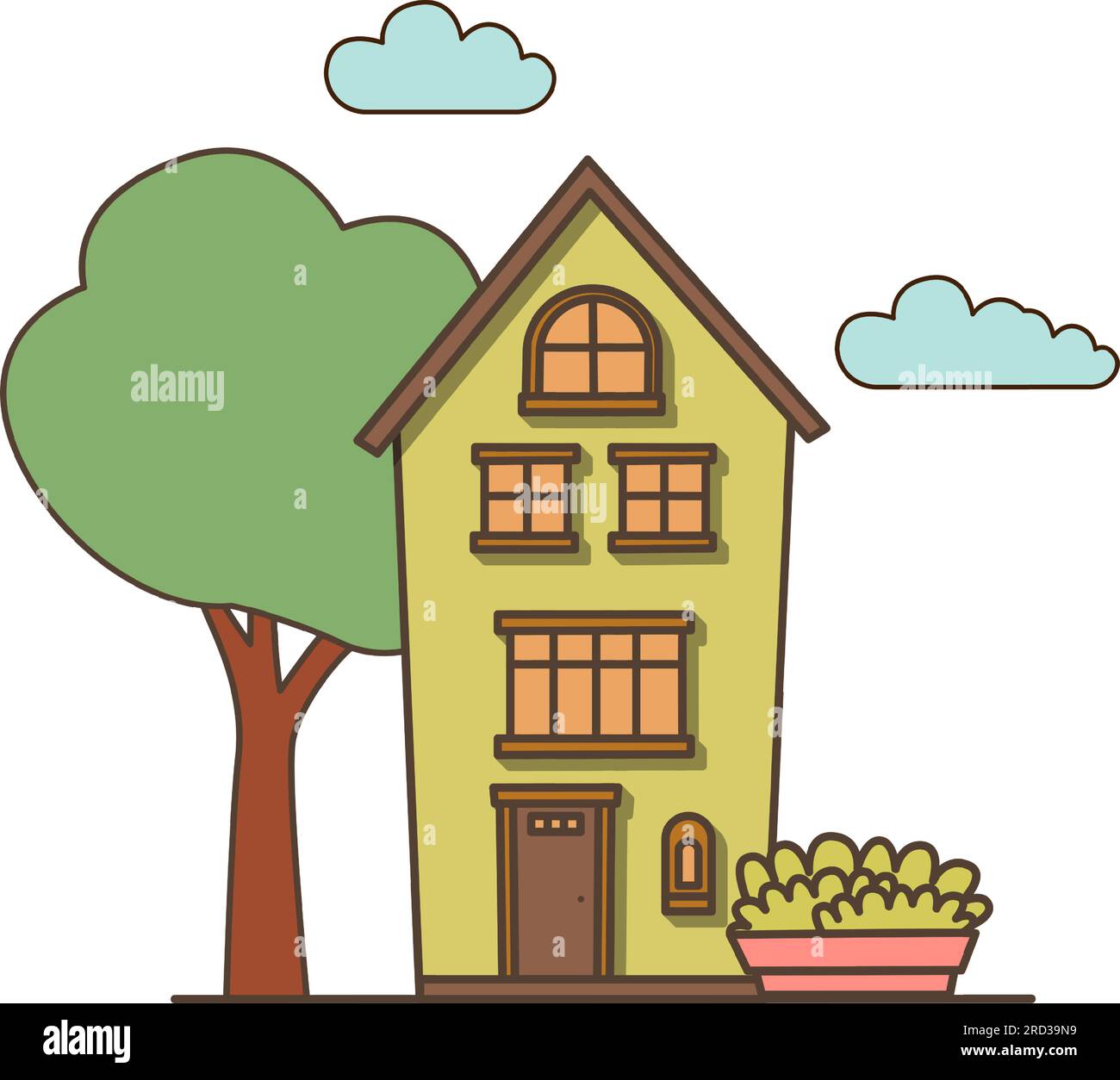 Vector Green house with mailbox icon. Vector house with big green tree