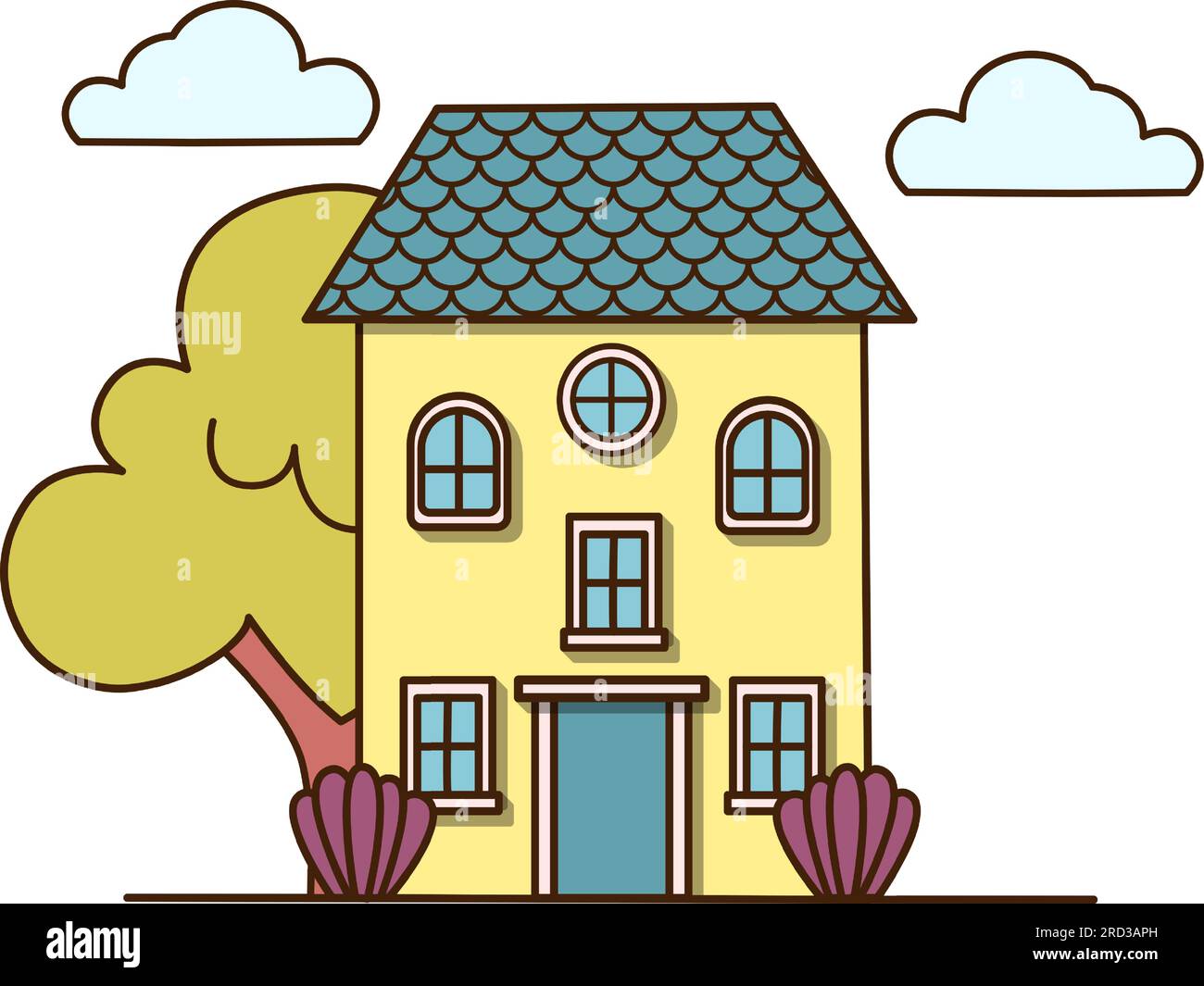 Vector yellow house with decorations icon. Vector house with garden and
