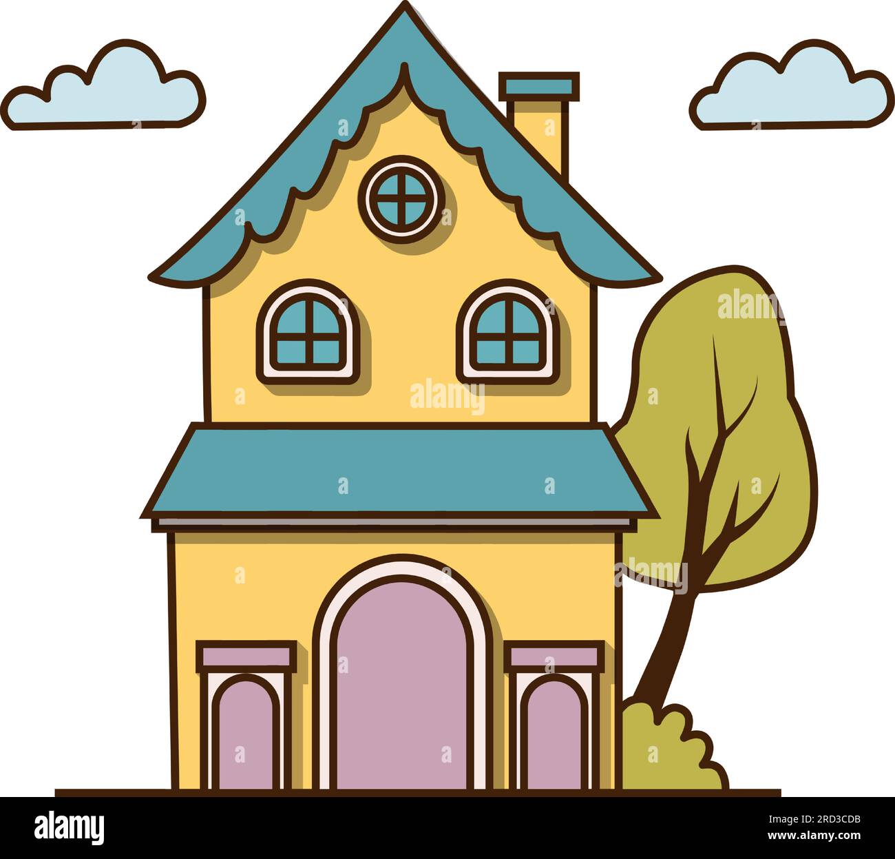 Vector large yellow house with attic icon. Vector house with green wood