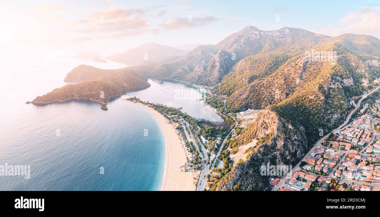 Aerial view of a resort town Oludeniz in Turkiye at sunset. Travel landmarks and destinations Stock Photo