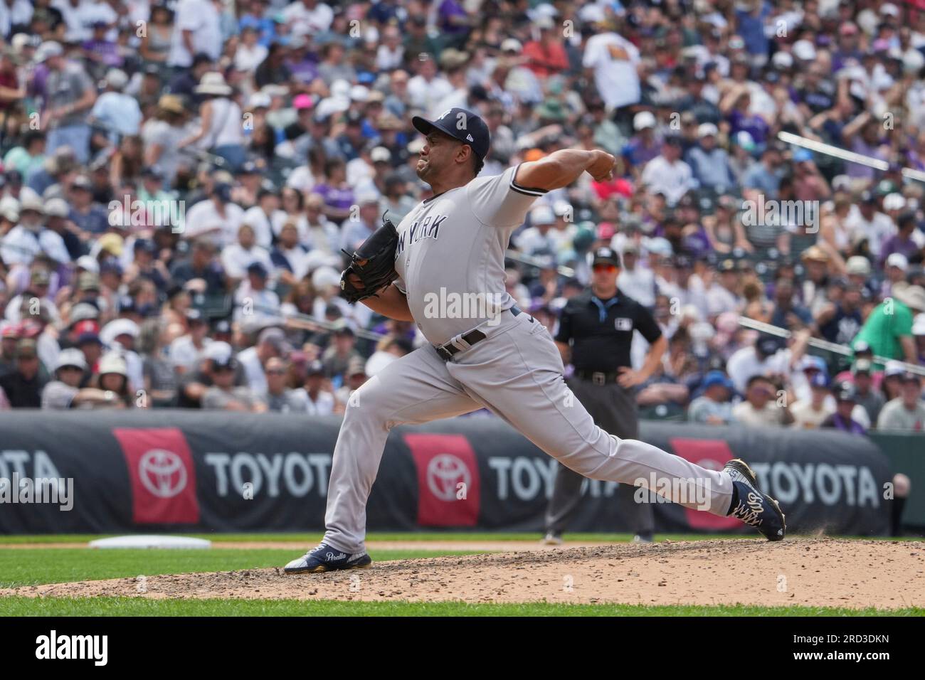 July 16 2023 New York pitcher Wandy Peralta (58) throws a pitch during the  game with New York Yankees and Colorado Rockies held at Coors Field in  Denver Co. David Seelig/Cal Sport