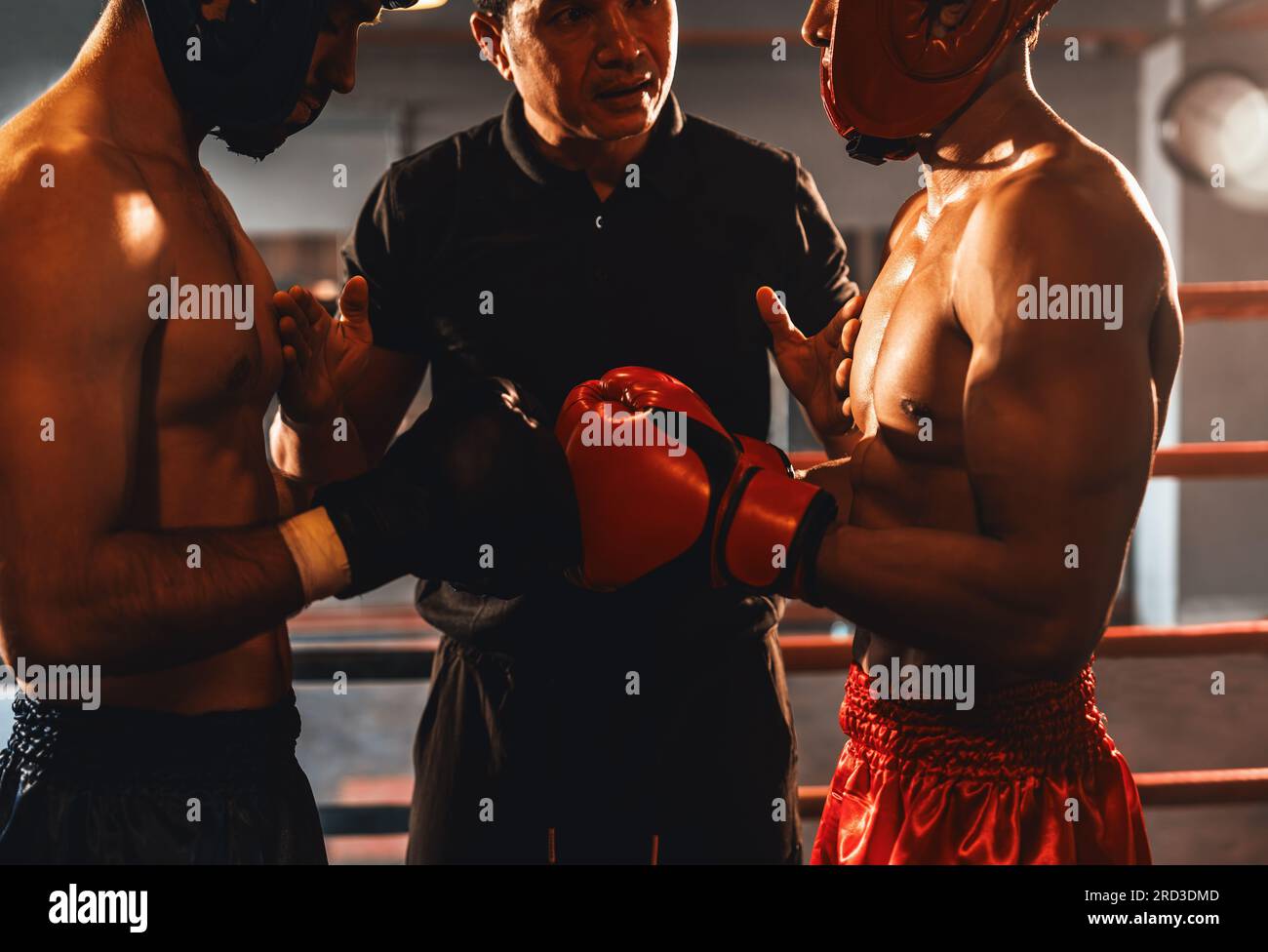 Boxer fighter with safety helmet or head guard face off with each other