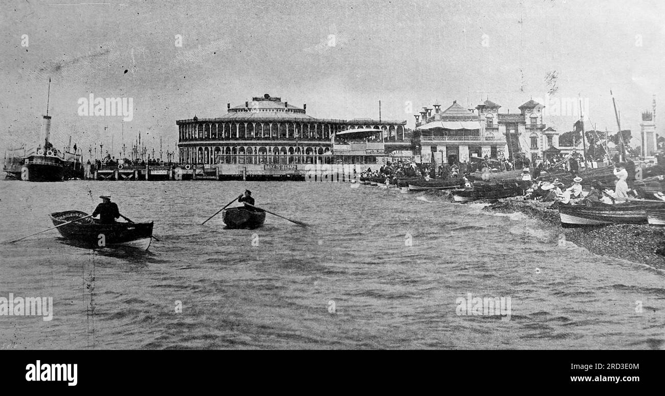 Clarence Pier, Southsea, viewed from on the water. From a collection of printed advertisements and photographs dated 1908 relating to the Southsea and Portsmouth areas of Hampshire, England. Some of the originals were little more than snapshot size and the quality was variable. Stock Photo