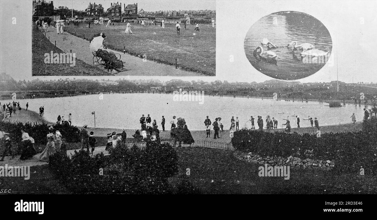 Canoe Lake, with insets, original photo by Russell. 1908. From a collection of printed advertisements and photographs dated 1908 relating to the Southsea and Portsmouth areas of Hampshire, England. Some of the originals were little more than snapshot size and the quality was variable. Stock Photo