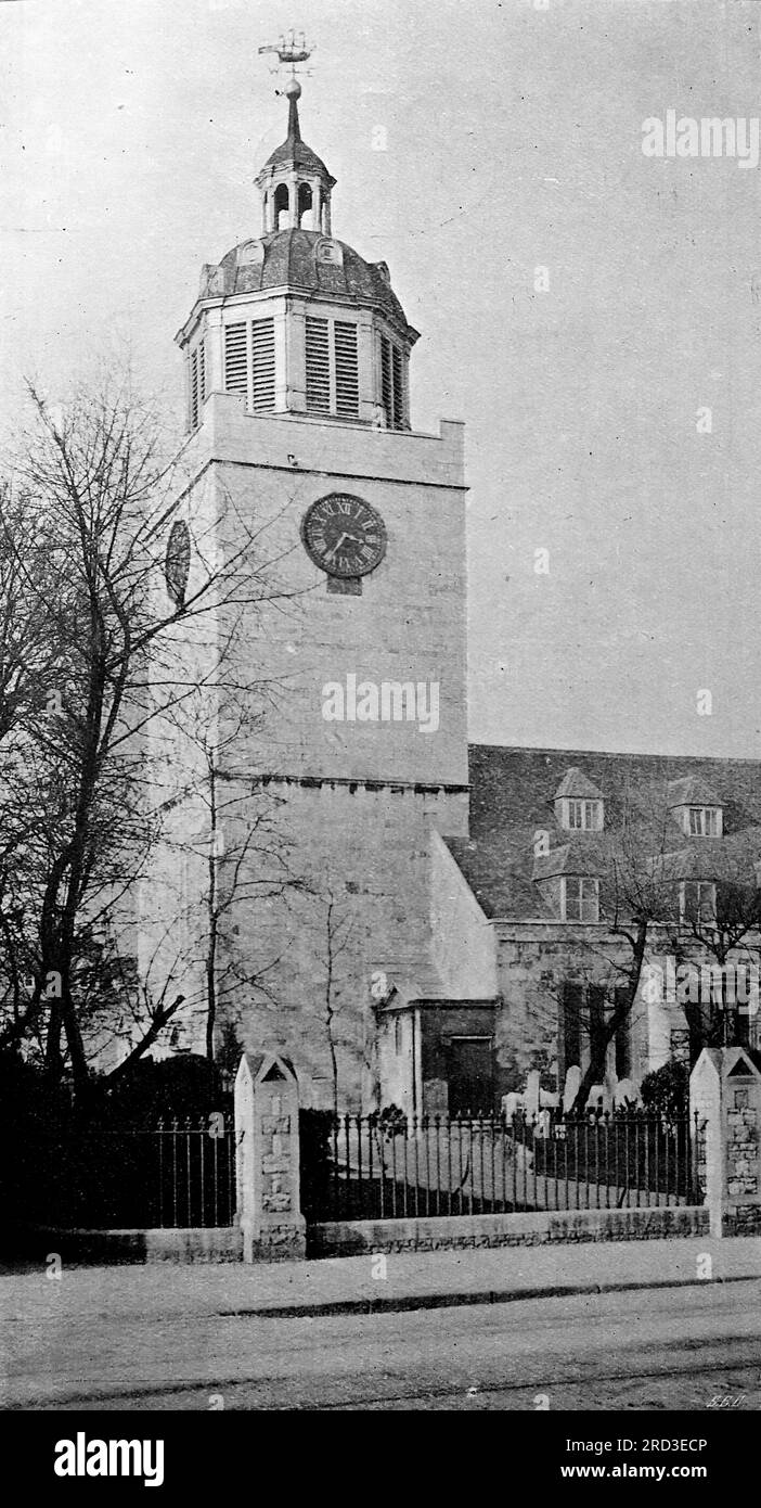 The clock tower, St. Thomas Parish Church, Hight Street, Portsmouth, from a photograph by Edgar Ward. From a collection of printed advertisements and photographs dated 1908 relating to the Southsea and Portsmouth areas of Hampshire, England. Some of the originals were little more than snapshot size and the quality was variable. Stock Photo