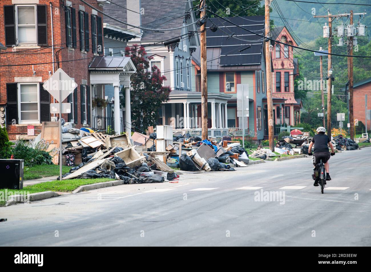 Montpelier USA 17 July 2023 . Flood debris lines the streets of