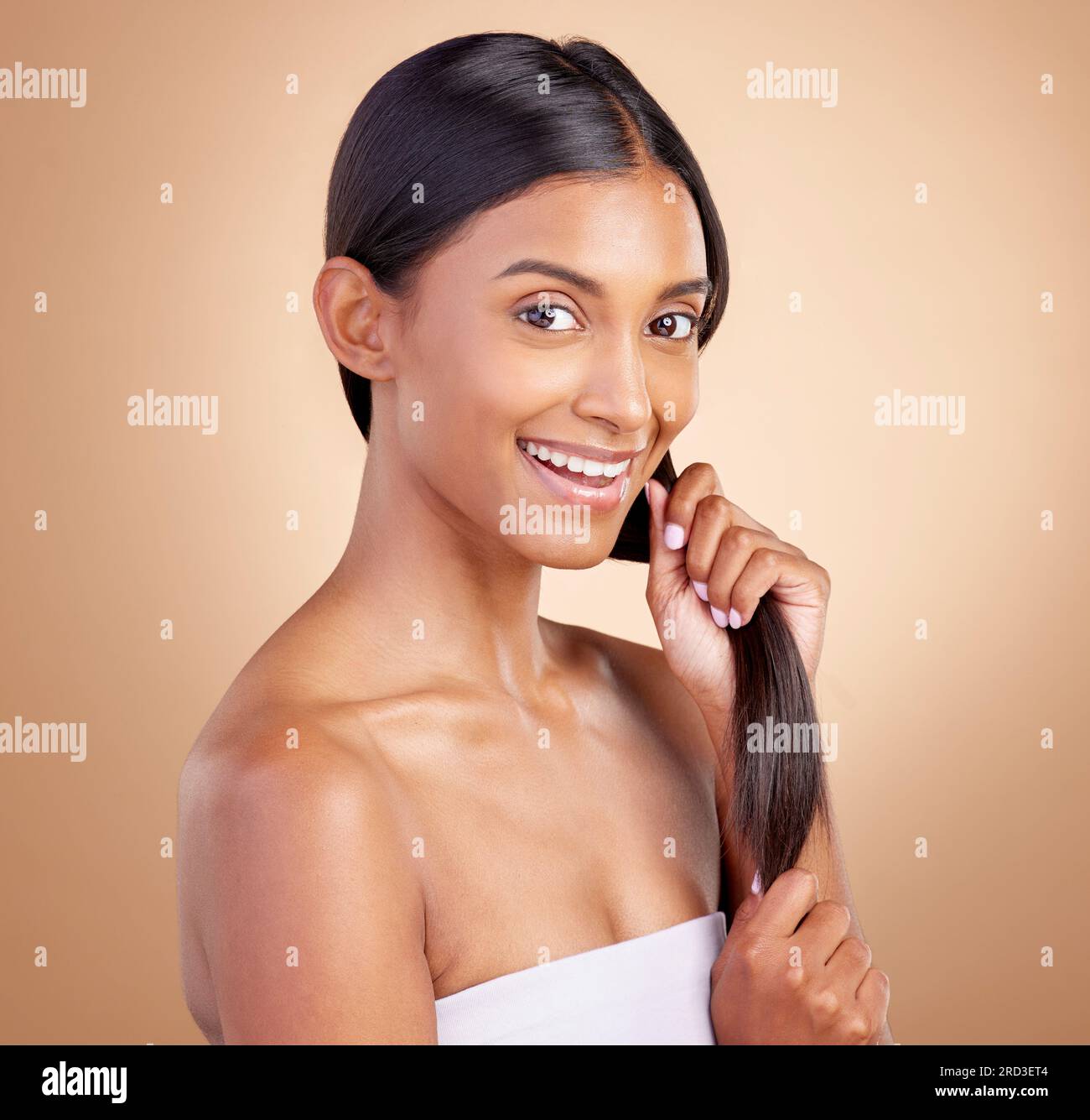 Strong hair, portrait or happy girl with beauty, skincare or self care for  glow, shine or collagen in shampoo. Healthy texture, model or Indian woman  Stock Photo - Alamy