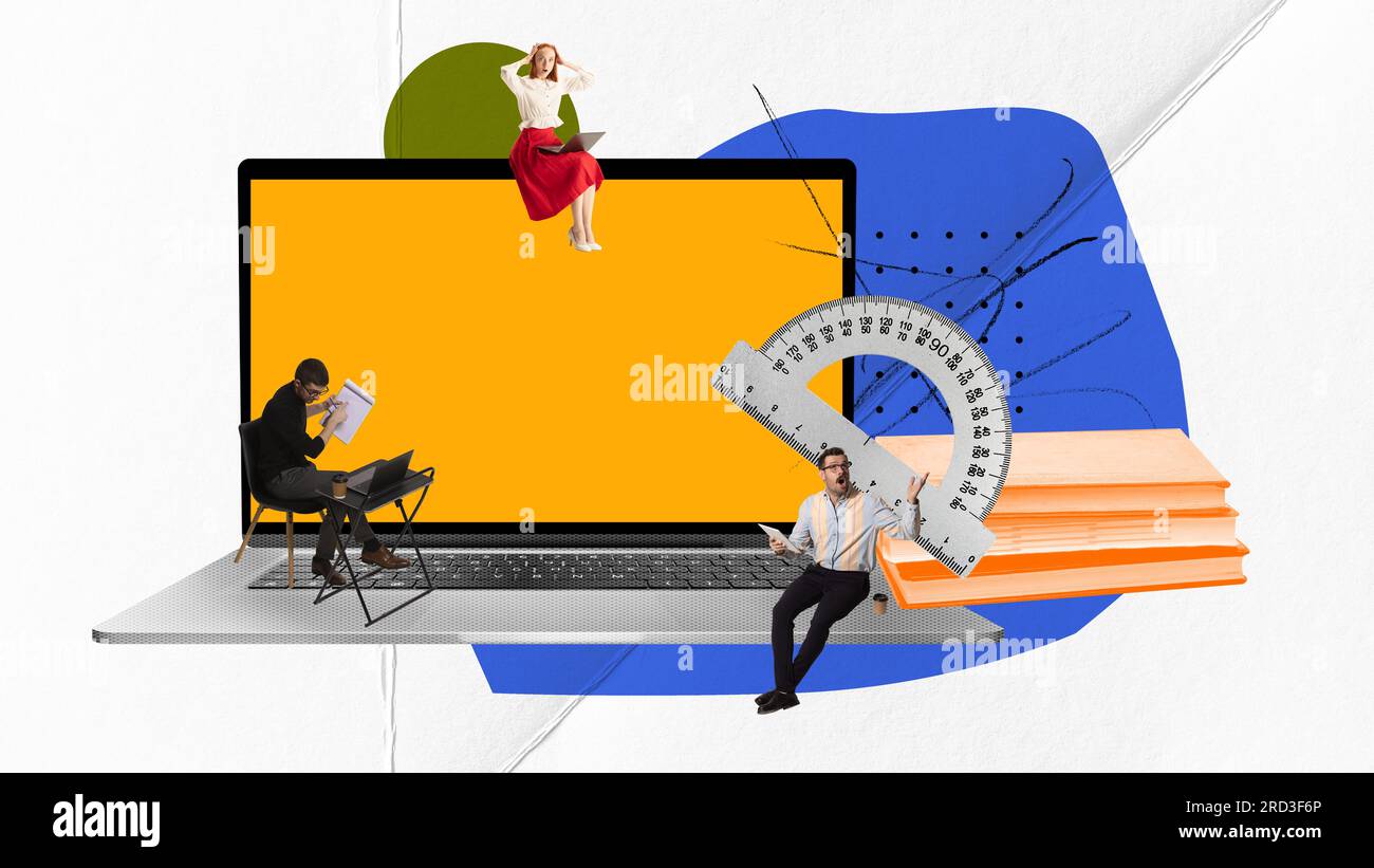 Contemporary art collage. Young people sitting near laptop and tufting ...