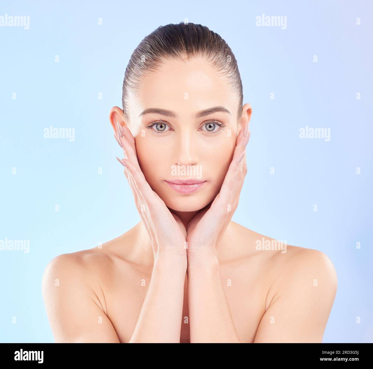 Portrait, woman and touch face in studio for skincare, aesthetic shine