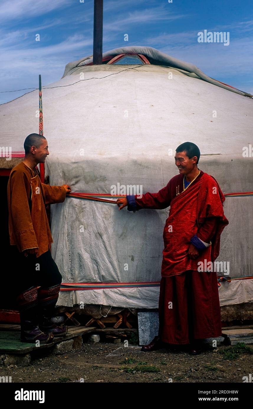 Asia Mongolia Naadam Festival or Eriin gurvan naadam yurt in the steppe with man and monk