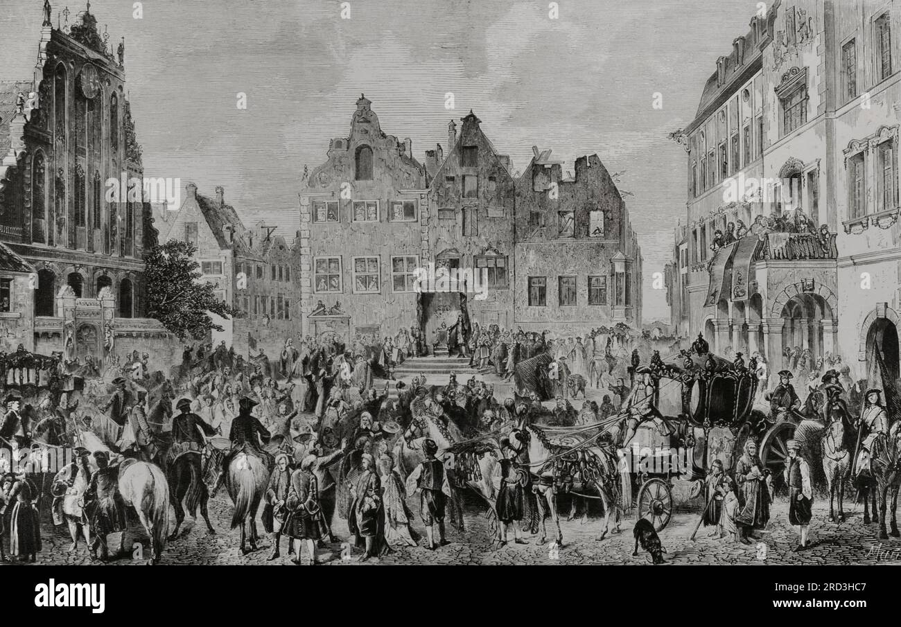 History of Latvia. Capitulation of Livonia. Field Marshal of the Russian Empire Boris Sheremetev (1652-1719) at the oath of loyalty in Riga in July 1710, after the city was taken by his troops. Engraving by Sprjakova. Stock Photo