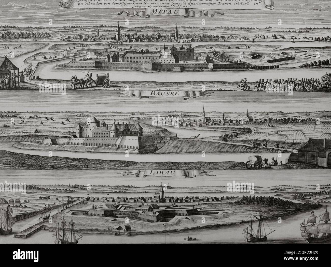 History of Latvia. From top to bottom: fortifications of Jelgava, Bauska and Liepaja during the Great Northern War (1700-1721). The governor of Courland, Baron Karl Magnus Stuart (1650-1705) reinforced the fortifications of the towns of Courland. Engraving, early 18th century. Stock Photo