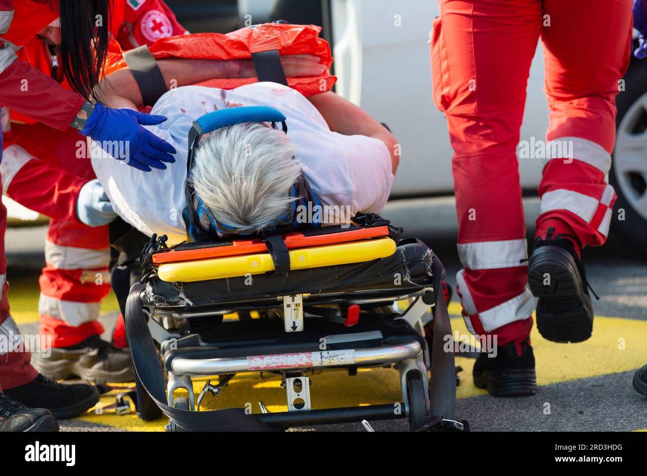 Italy, lombardy, Croce Rossa Italiana, Emergency Medical Services Accident Demonstration Stock Photo