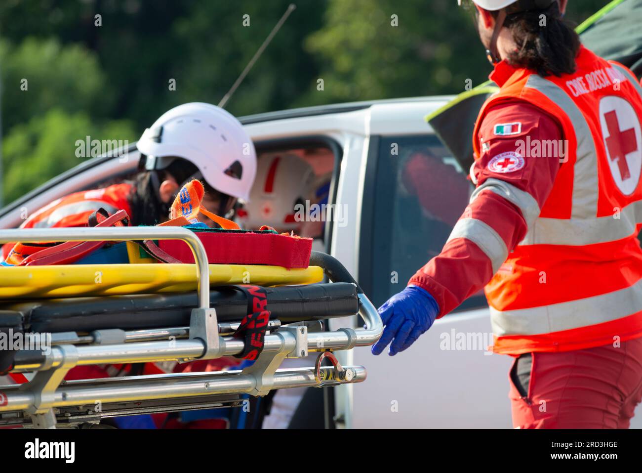 Italy, lombardy, Croce Rossa Italiana, Emergency Medical Services Accident Demonstration Stock Photo