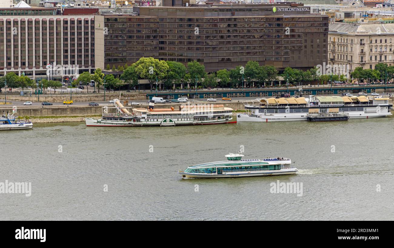 Budapest, Hungary - July 31, 2022: Aerial View of Sightseeing Cruise Ship at Danube River Summer Day Travel. Stock Photo